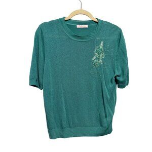 New Sensation Womens Embellished Teal Short Sleeve Top size medium